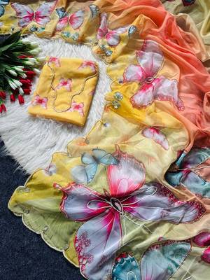 Yellow Color Digital Print And Real Mirror Work Silk Blend Saree 3