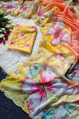 Yellow Color Digital Print And Real Mirror Work Silk Blend Saree