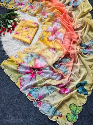 Yellow Color Digital Print And Real Mirror Work Silk Blend Saree 4