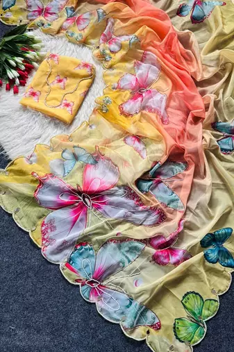 Yellow Color Digital Print And Real Mirror Work Silk Blend Saree