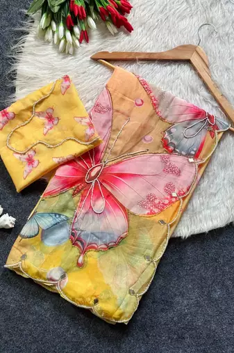 Yellow Color Digital Print And Real Mirror Work Silk Blend Saree