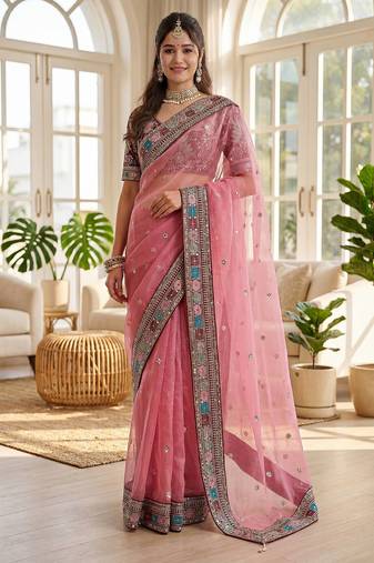 pink embroidered organza saree