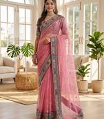 pink embroidered organza saree