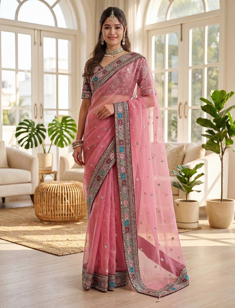 pink embroidered organza saree