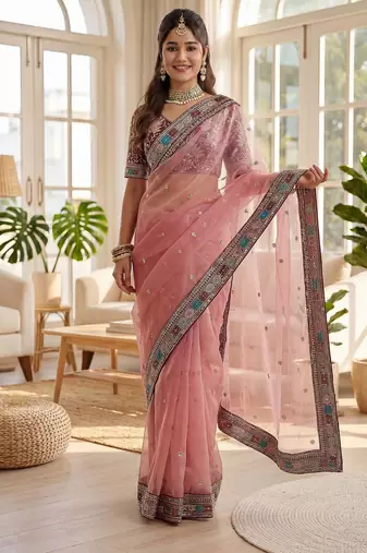 pink embroidered organza saree