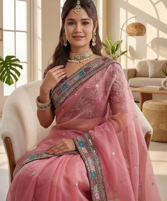 pink embroidered organza saree 3