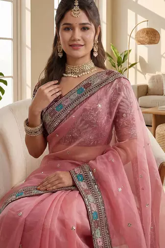 pink embroidered organza saree