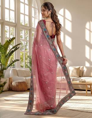 pink embroidered organza saree 4