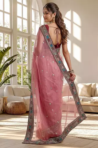 pink embroidered organza saree