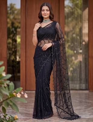 black embroidered net saree 2
