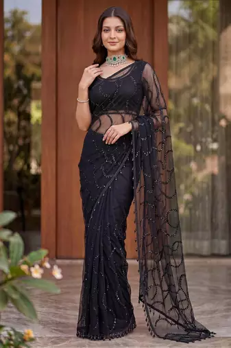 black embroidered net saree