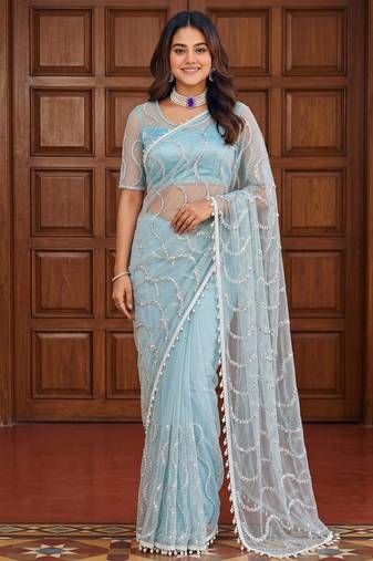 sky_blue embroidered net saree