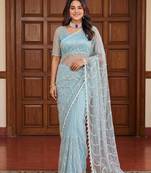 sky_blue embroidered net saree