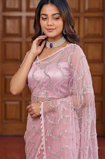 light_pink embroidered net saree