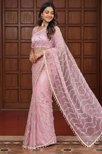 light_pink embroidered net saree
