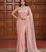 peach embroidered net saree