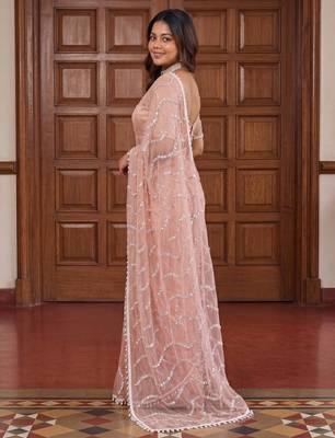 peach embroidered net saree 4