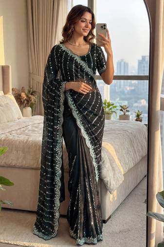black embroidered satin saree