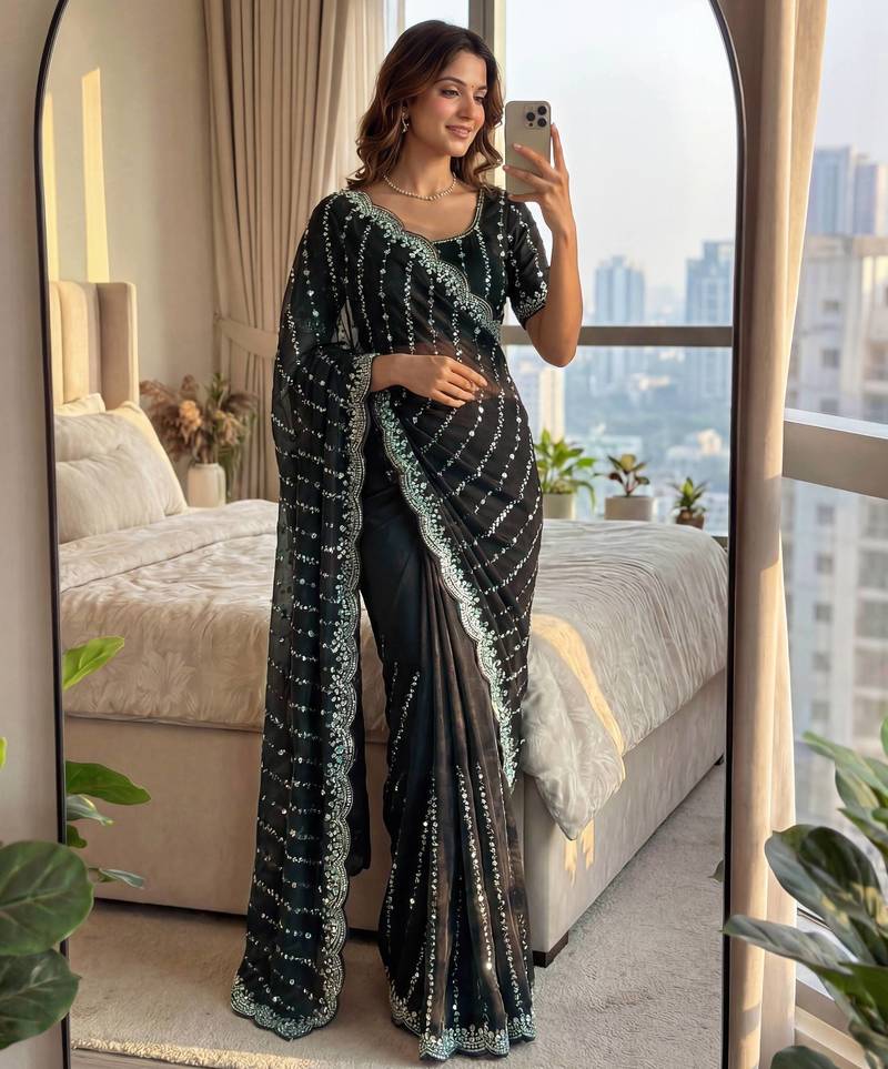 black embroidered satin saree