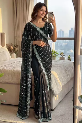 black embroidered satin saree