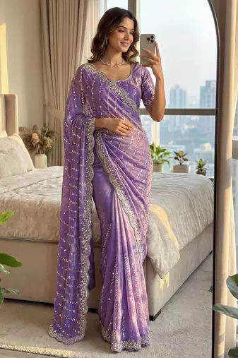 lavender embroidered satin saree
