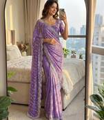 lavender embroidered satin saree