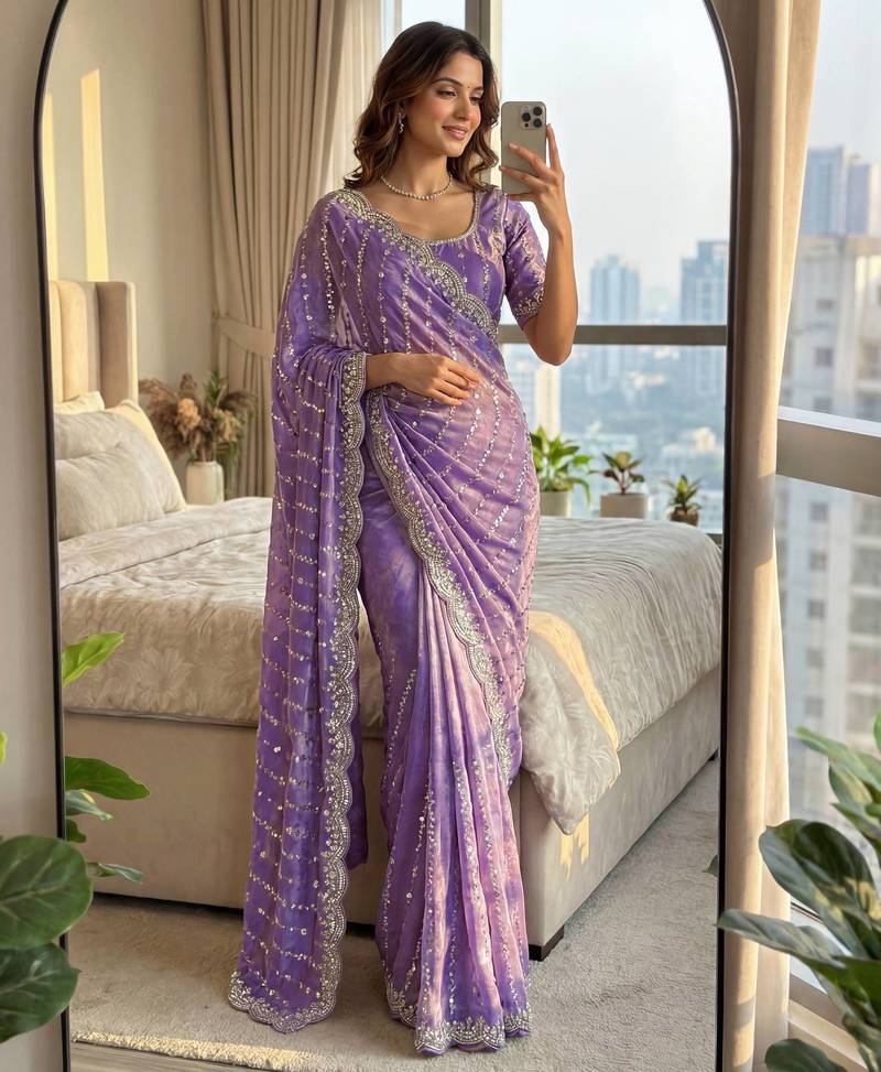 lavender embroidered satin saree