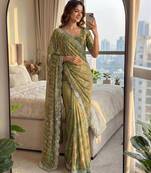 olive embroidered satin saree
