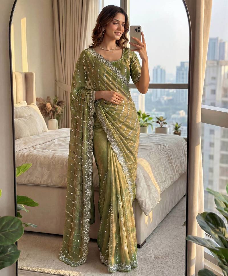 olive embroidered satin saree