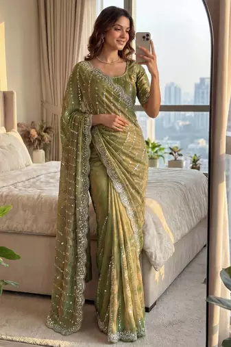 olive embroidered satin saree