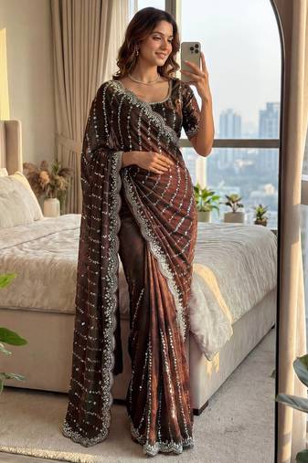 brown embroidered satin saree