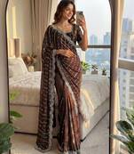 brown embroidered satin saree