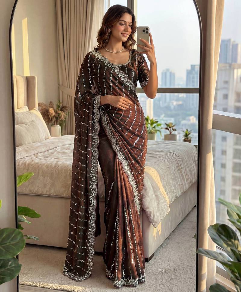 brown embroidered satin saree