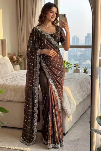 brown embroidered satin saree