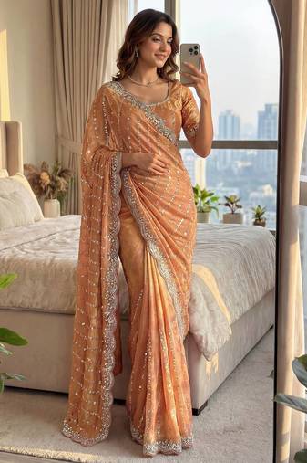 peach embroidered satin saree