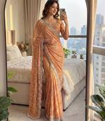 peach embroidered satin saree