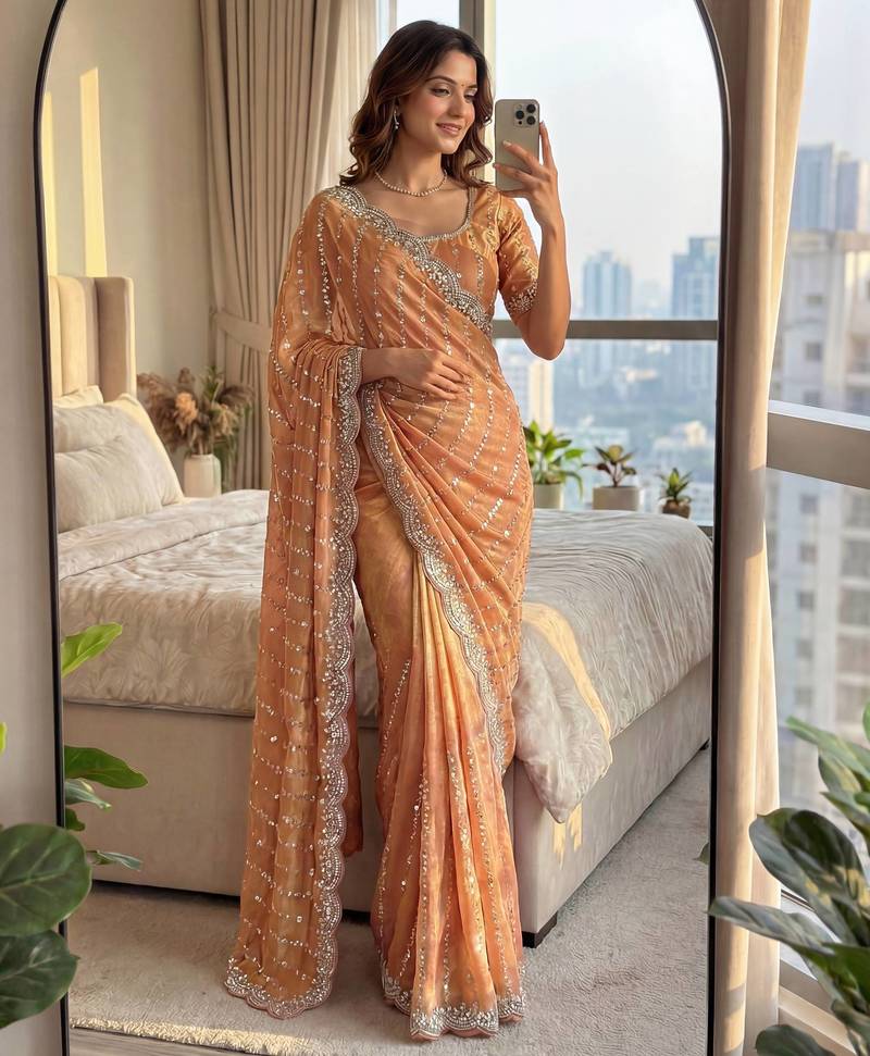 peach embroidered satin saree