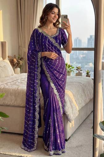 blue embroidered satin saree