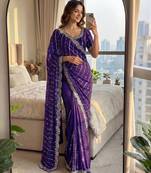 blue embroidered satin saree