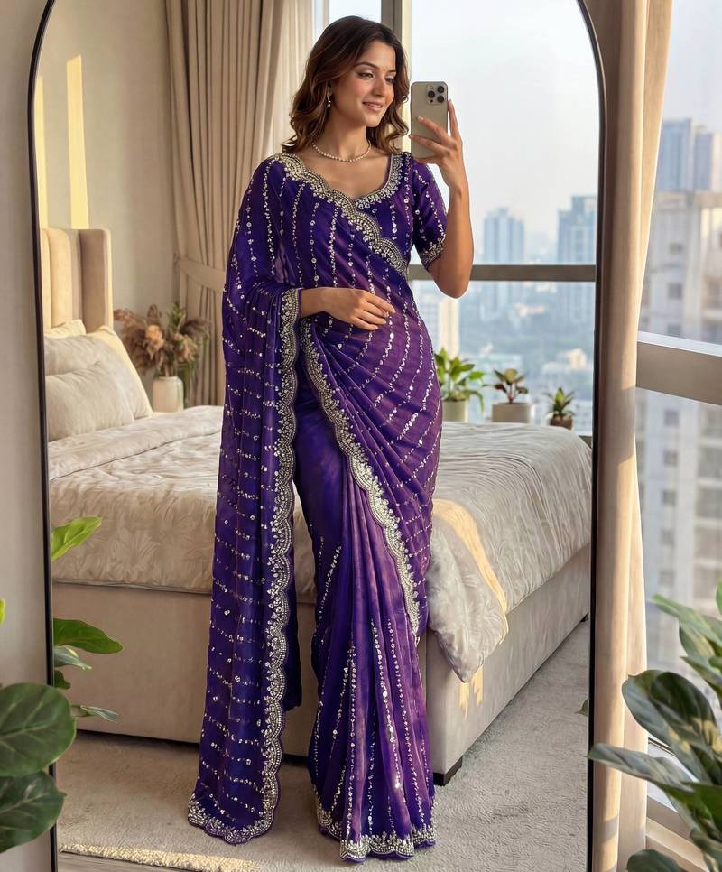 blue embroidered satin saree