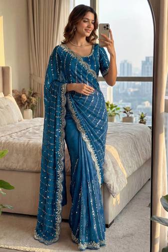 sky_blue embroidered satin saree