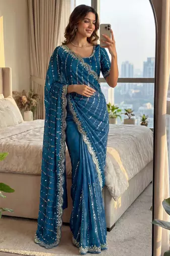 sky_blue embroidered satin saree