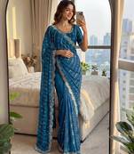 sky_blue embroidered satin saree