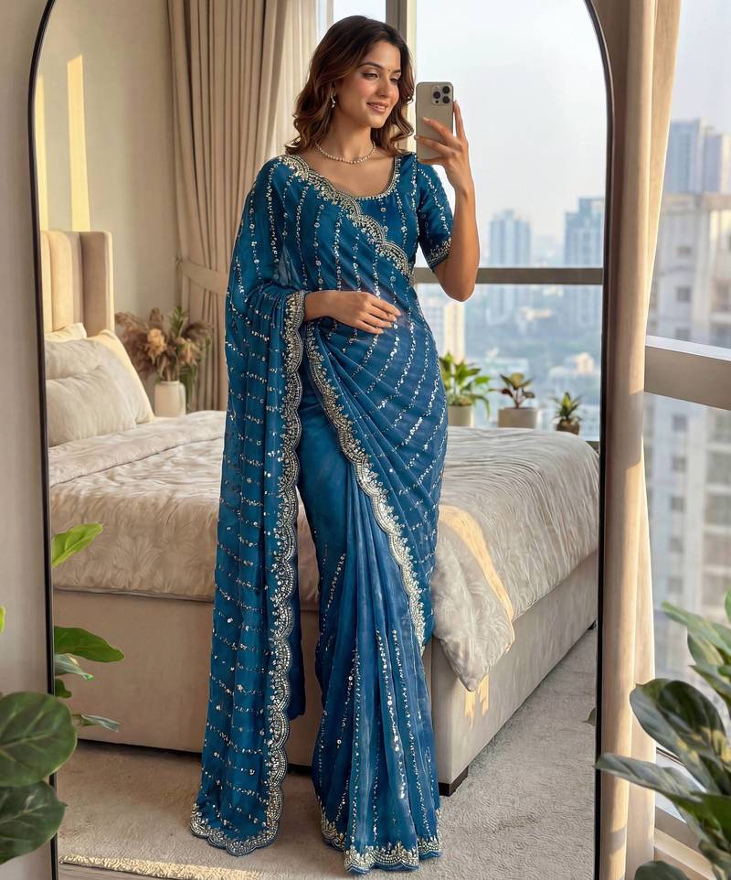 sky_blue embroidered satin saree