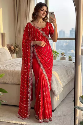 red embroidered satin saree
