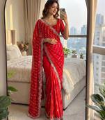 red embroidered satin saree
