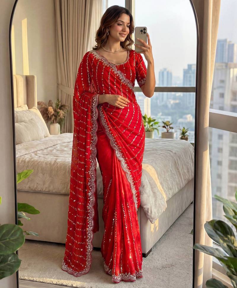 red embroidered satin saree