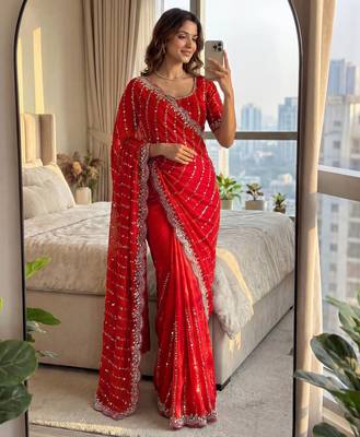 red embroidered satin saree 2