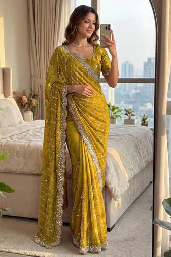 mustard embroidered satin saree