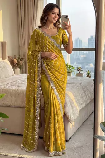mustard embroidered satin saree